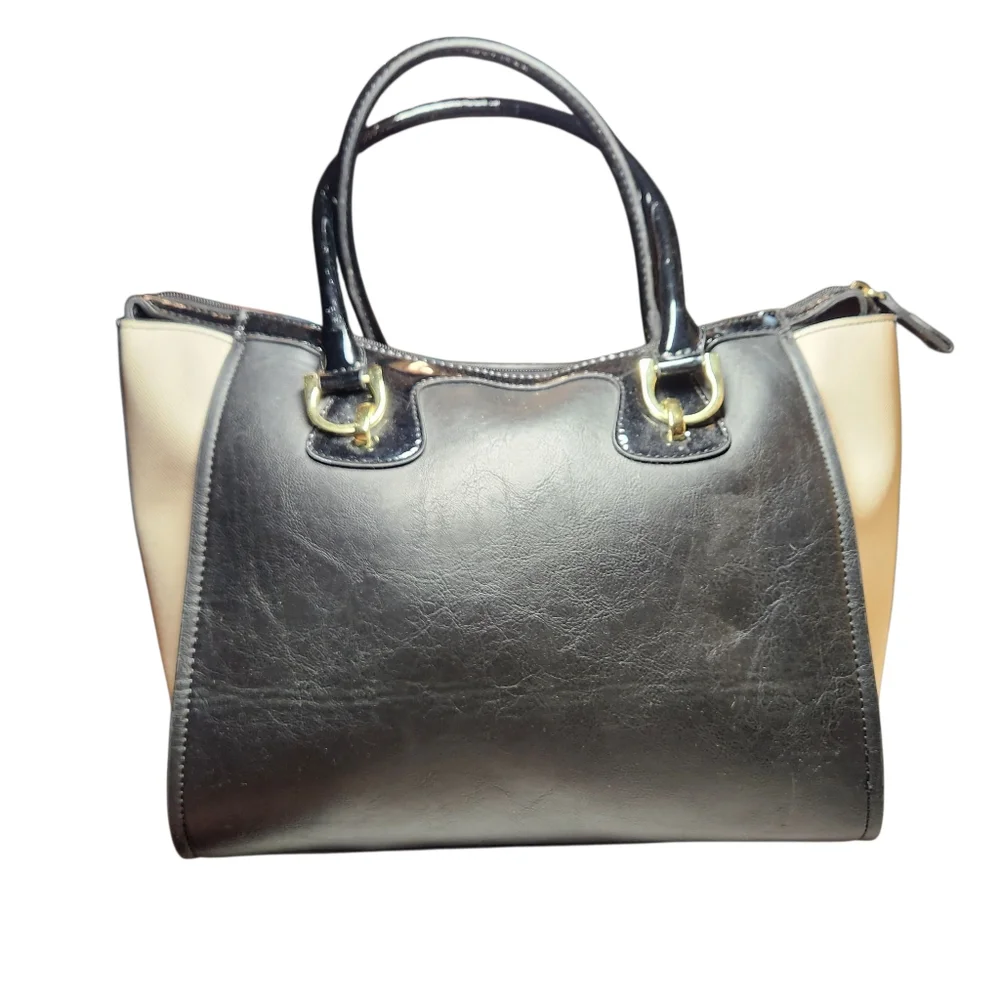 London Fog Handbag Large Tote Faux Vegan Leather Black Cream Gold Classic Preppy